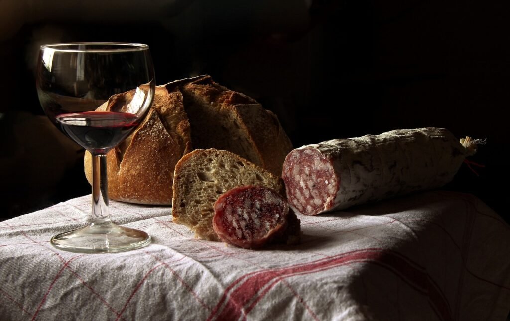 wine, pair, aperitif, drink, glass, table, alcohol, red wine, bread, sausage, rustic, salami