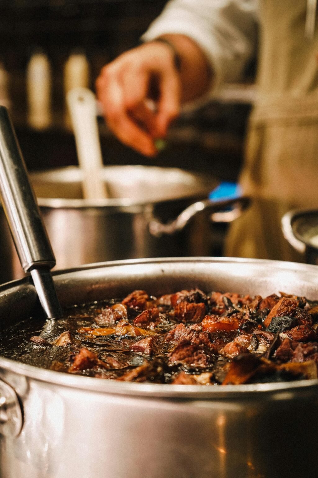 Close-up of hearty stew cooking in a pot with hand placing ingredients, savory kitchen scene.