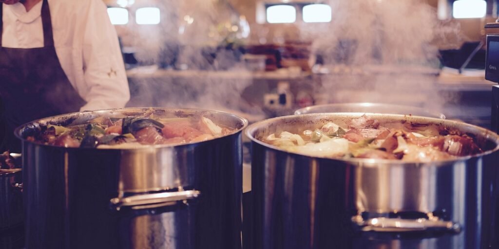 food, cook, kitchen, chef, apron, work, silver, stainless, pots, smoke, steam, chef, chef, chef, chef, chef